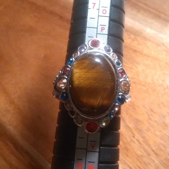 Tiger's Eye and Austrian Crystal Stainless Steel Ring (Size 9) - Picture 5 of 16